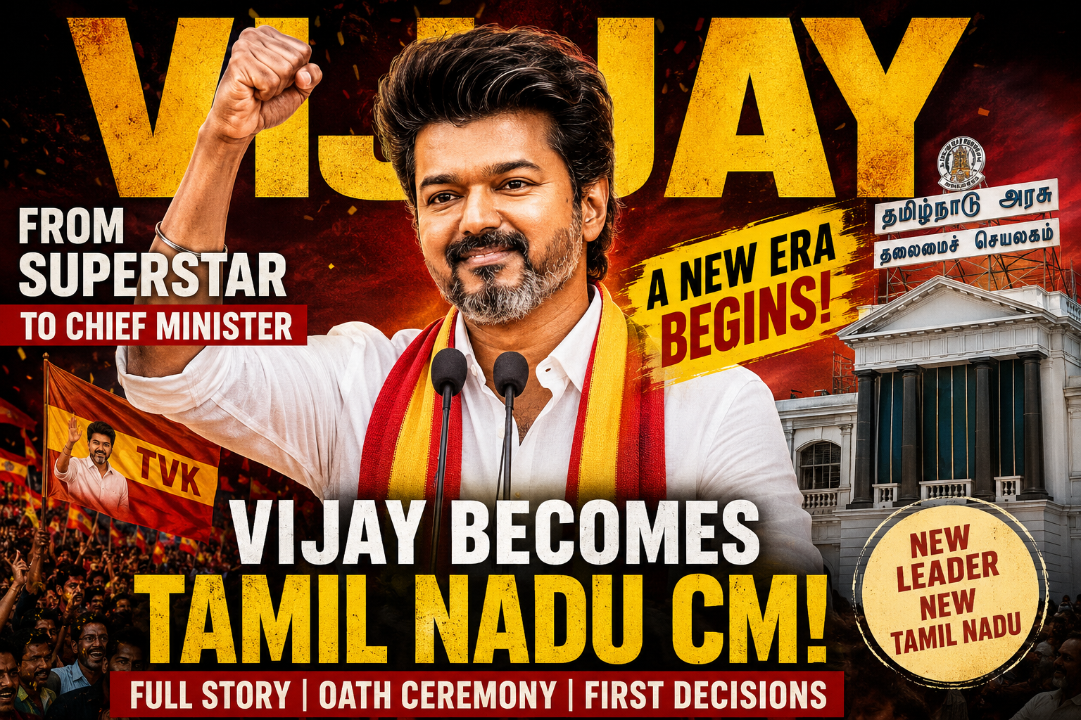 Vijay Becomes Tamil Nadu Chief Minister 2026: Full Story, Oath Ceremony, First Decisions & Political Earthquake