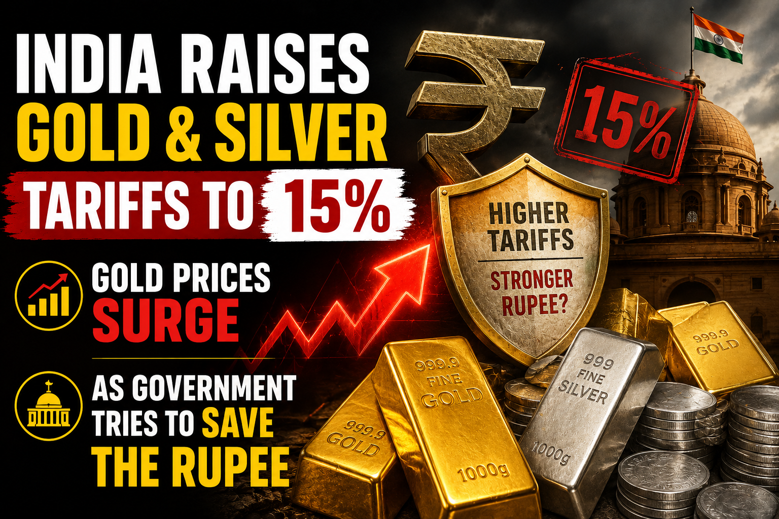 India Raises Gold and Silver Tariffs to 15%: Gold Prices Surge as Government Tries to Save the Rupee