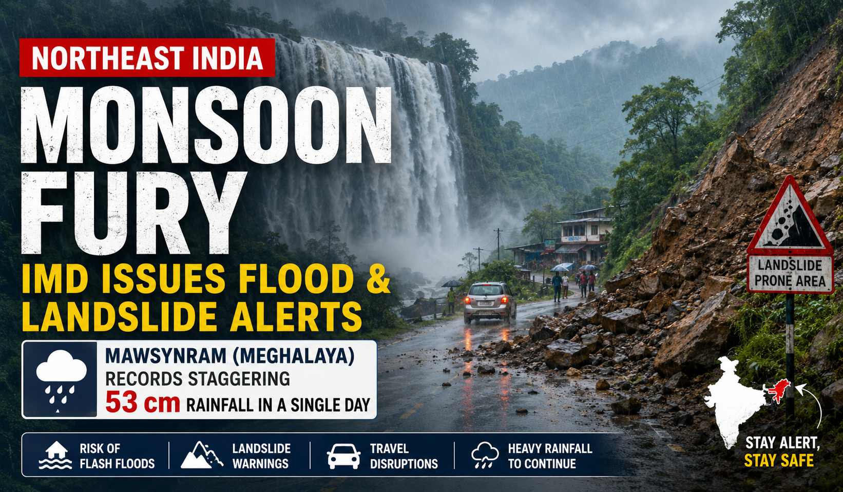 Northeast India Faces Severe Monsoon Fury as IMD Issues Flood and Landslide Alerts; Mawsynram Records 53 cm Rainfall