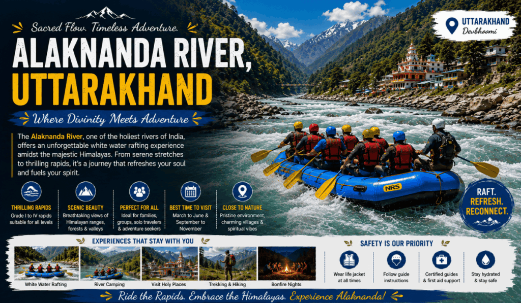 Rafters on the Alaknanda River in Uttarakhand, with snow-capped Himalayan peaks, a riverside temple town, and Grade I to IV rapids.