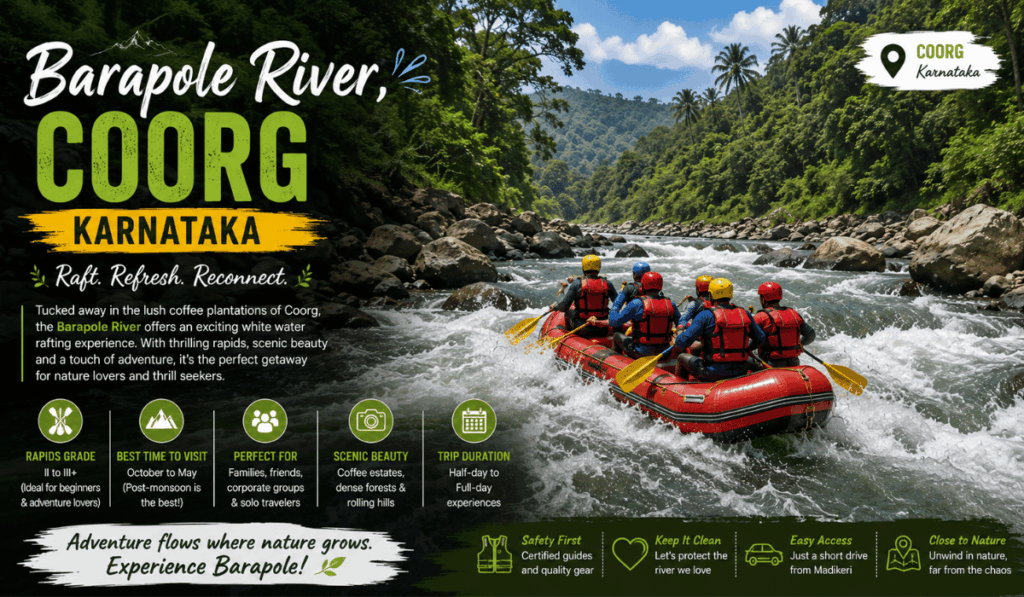 Rafters navigating whitewater rapids on the Barapole River in Coorg, Karnataka, surrounded by dense forest and coffee plantation hills.