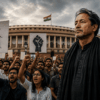rotesters outside India's Parliament hold cockroach and raised-fist signs during the Chalo Sansad march, with a man in a black shawl standing in the foreground.