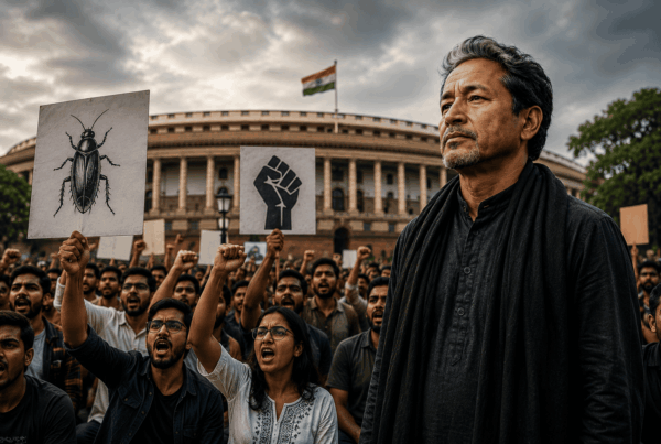 rotesters outside India's Parliament hold cockroach and raised-fist signs during the Chalo Sansad march, with a man in a black shawl standing in the foreground.