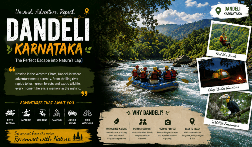 Rafters on the Kali River in Dandeli, Karnataka, surrounded by Western Ghats forest, with images of ziplining, camping, and wildlife spotting.