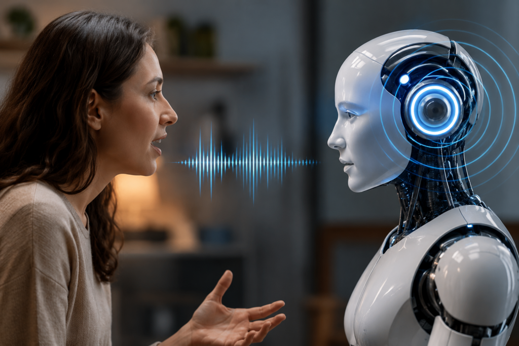 Infographic explaining GPT-Bidi-1, OpenAI's bidirectional voice model for ChatGPT, showing simultaneous listening and speaking, interruption handling, and three intelligence speeds.