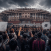 Student protesters with placards outside Parliament during NEET paper leak protest.
