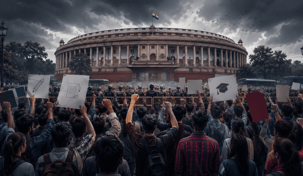 Student protesters with placards outside Parliament during NEET paper leak protest.