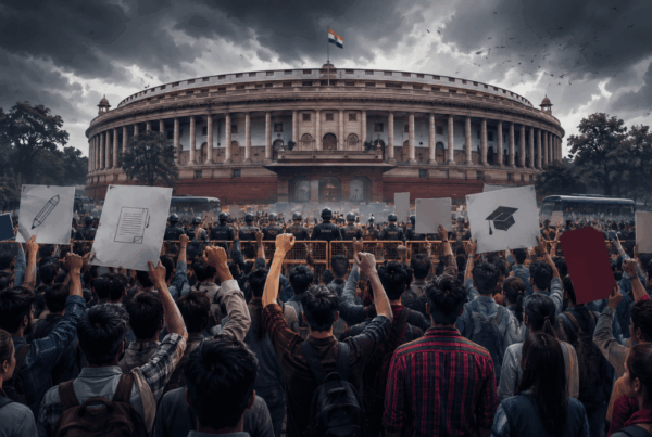 Student protesters with placards outside Parliament during NEET paper leak protest.