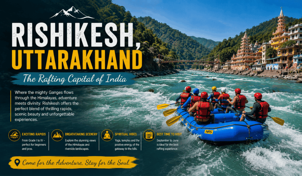 Rafters navigating the Ganges River in Rishikesh, Uttarakhand, with temples and riverside buildings in the background, known as India's rafting capital.