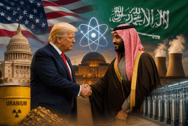 Trump and Saudi Crown Prince shake hands on nuclear deal, with enrichment facility and uranium barrel visible.