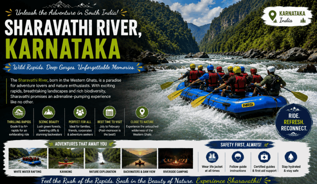 Rafters navigating whitewater rapids on the Sharavathi River in Karnataka, surrounded by Western Ghats forest and towering cliffs.