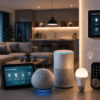 A smart home device lineup — camera, display, speakers, bulb, lock, and sensor — on a table, with a wall panel and connected-device icons in the background.