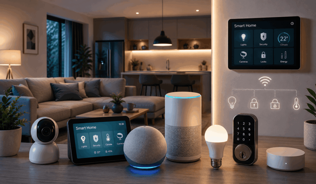 A smart home device lineup — camera, display, speakers, bulb, lock, and sensor — on a table, with a wall panel and connected-device icons in the background.