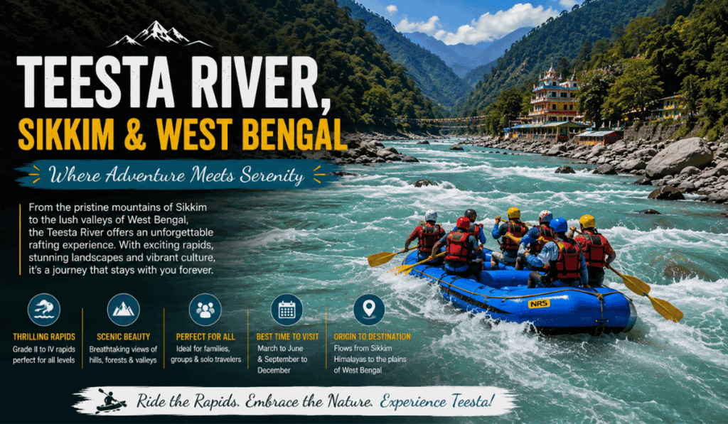 Rafters paddling through the Teesta River in Sikkim and West Bengal, with Grade II to IV rapids, forested hills, and a riverside town in the background