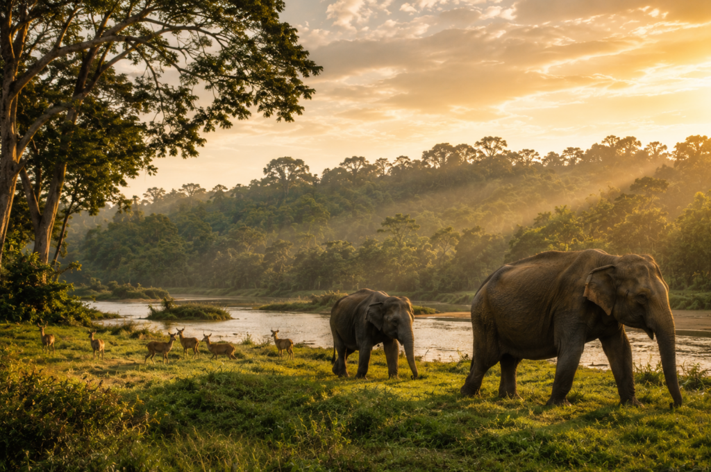 Elephants and deer grazing by a river in an Indian wildlife sanctuary at golden hour