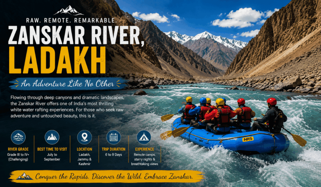 Rafters navigating the Zanskar River in Ladakh, surrounded by rugged mountains and canyon walls, with Grade III to IV+ rapids and remote camping.