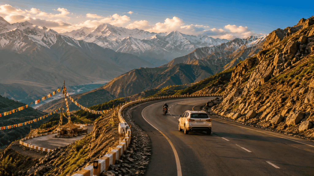 Scenic mountain highway in the Himalayas, one of the best road trips in India for cars and bikes