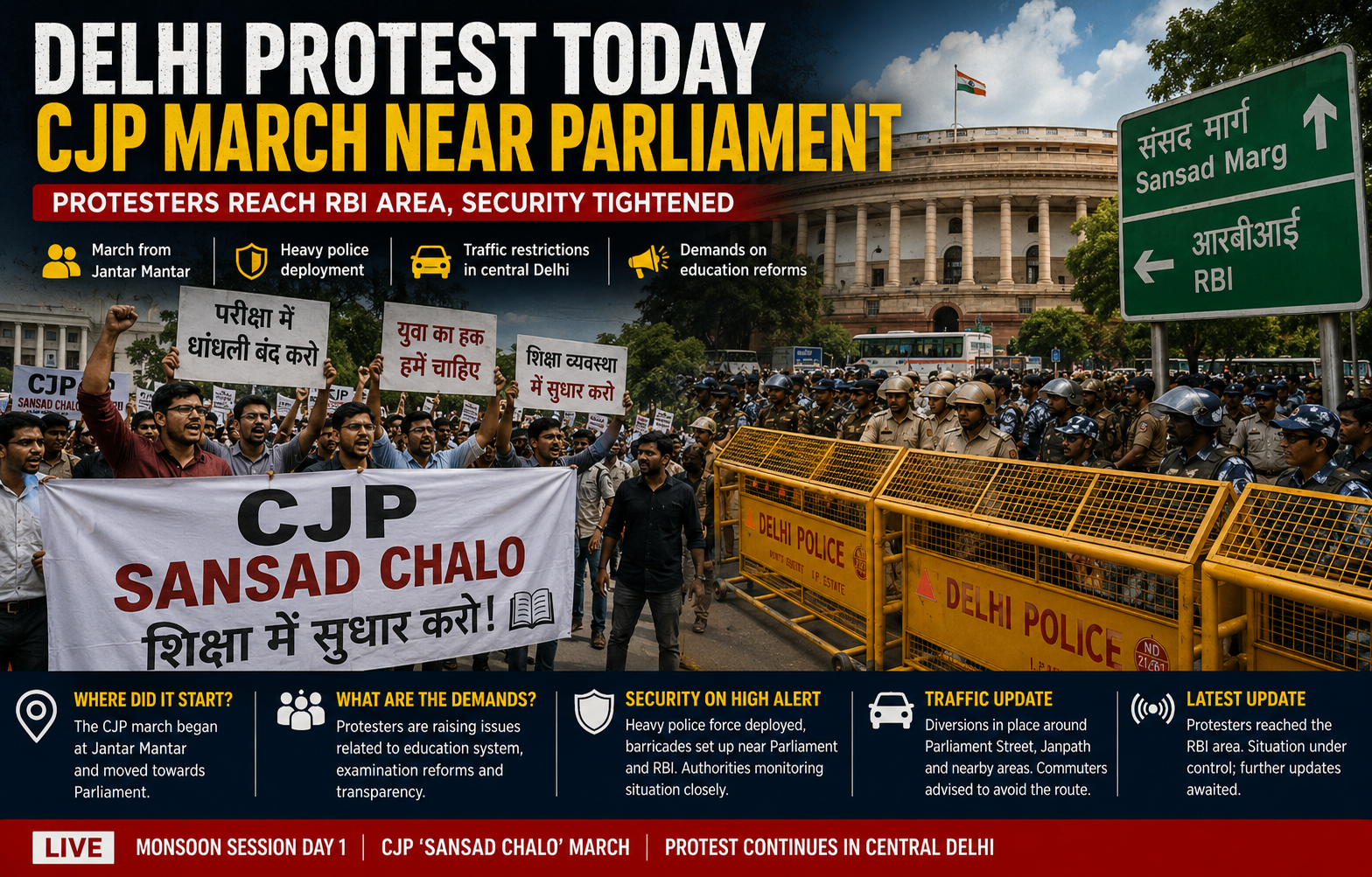 Delhi Protest Today: CJP March Reaches RBI Near Parliament, Security Tightened Across Central Delhi