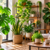 A bright living room corner filled with thriving indoor plants, including a monstera, pothos, snake plant, peace lily, and fiddle-leaf fig, arranged near a sunny window.