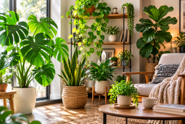 A bright living room corner filled with thriving indoor plants, including a monstera, pothos, snake plant, peace lily, and fiddle-leaf fig, arranged near a sunny window.