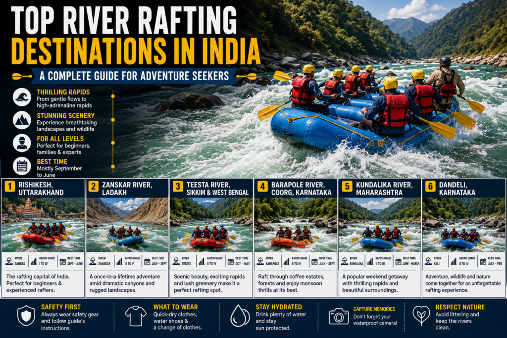 top river rafting destinations in India with rapid grades and safety tips.